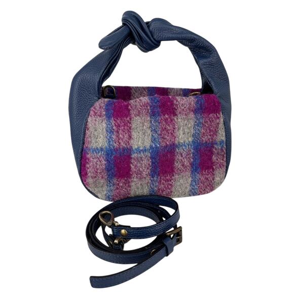 Sundance Soire Knotted Bag Blue Leather Wool Magenta Plaid Crossbody - Picture 1 of 16
